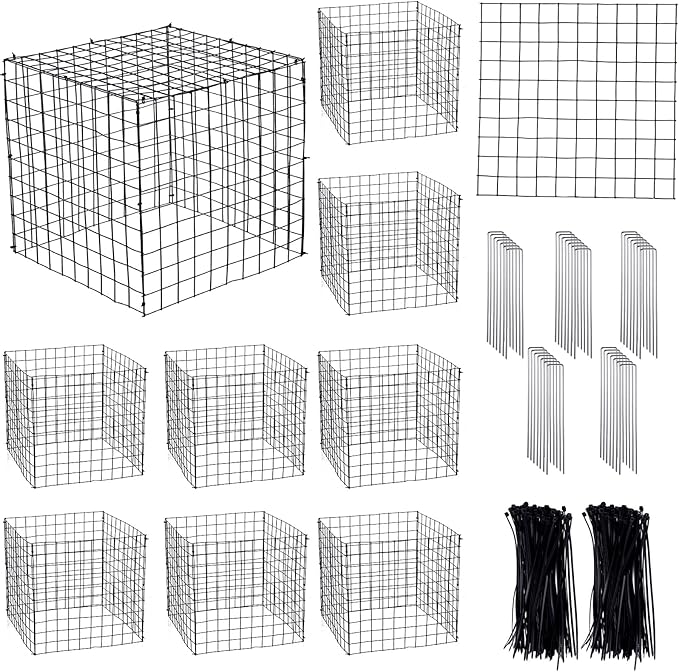 Zubebe 10 Pack Small Wire Plant Protectors Square Plant Protectors from Animals Mesh Cage Chicken Wire Cloche for Shrubs with Ground Stakes and Nylon Ties(Thickness 2mm,Black)