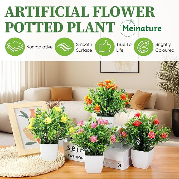 4 Pack Small Artificial Plants with Flowers - Mini Fake Potted Plants for Home Decor Indoor, Office Desk, Bathroom, Shelf, Table Decorations