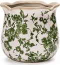 Vintage Ceramic Planter Pot with Drainage Holes, Green Floral Design, 6.11 Inch, Distressed Tuscan Style, Indoor Plant Pot and Vase (Green)