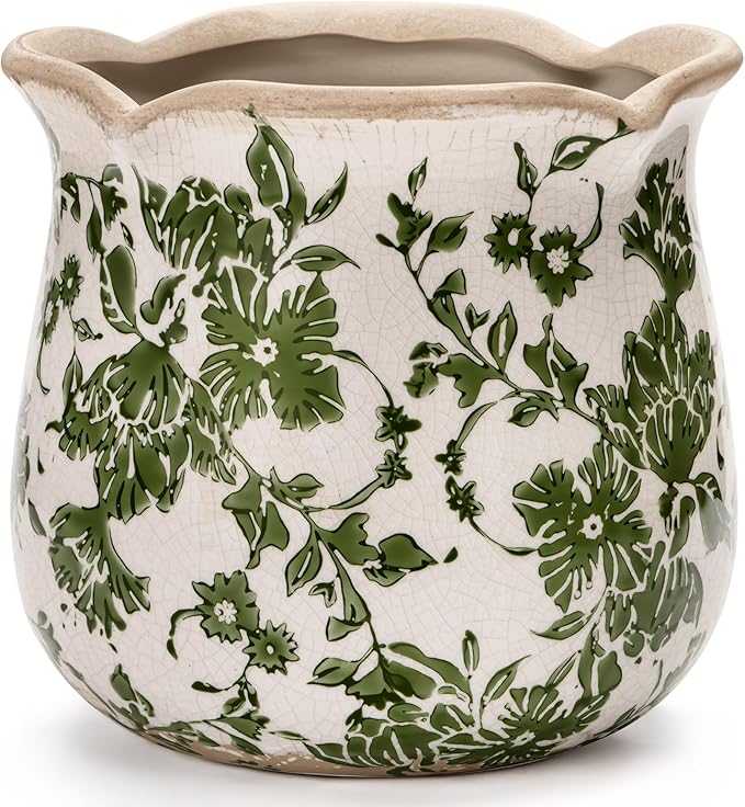 Vintage Ceramic Planter Pot with Drainage Holes, Green Floral Design, 6.11 Inch, Distressed Tuscan Style, Indoor Plant Pot and Vase (Green)