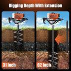 Baotree Post Hole Digger, 62cc Auger Post Hole Digger, Gas Powered Earth Digger with 2 Auger Drill Bits(6" & 8") + 2 Extension Rods, for Farmland, Garden and Plant (62CC)