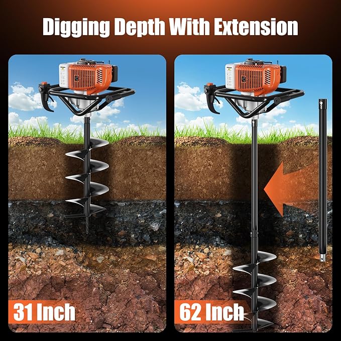 Baotree Post Hole Digger, 62cc Auger Post Hole Digger, Gas Powered Earth Digger with 2 Auger Drill Bits(6" & 8") + 2 Extension Rods, for Farmland, Garden and Plant (62CC)