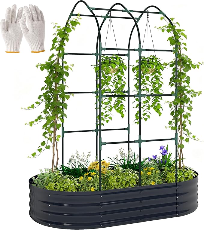 Outsunny Galvanised Raised Garden Bed with Arched Trellis, 5 x 3 x 6ft Metal Outdoor Planter Box with Open Bottom Design, Modular Raised Bed with Gloves for Vegetable Flower, Easy Assembly, Dark Gray