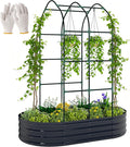Outsunny Galvanised Raised Garden Bed with Arched Trellis, 5 x 3 x 6ft Metal Outdoor Planter Box with Open Bottom Design, Modular Raised Bed with Gloves for Vegetable Flower, Easy Assembly, Dark Gray