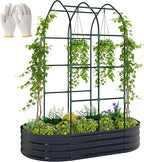 Outsunny Galvanised Raised Garden Bed with Arched Trellis, 5 x 3 x 6ft Metal Outdoor Planter Box with Open Bottom Design, Modular Raised Bed with Gloves for Vegetable Flower, Easy Assembly, Dark Gray