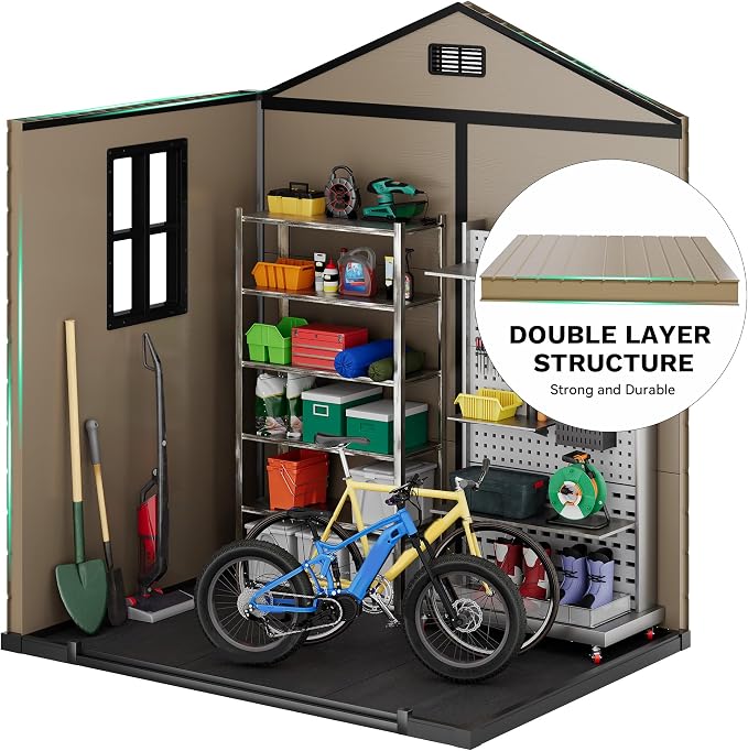 DWVO 6x4.4 FT Resin Storage Shed with Fence-Style and Side Windows, Lockable Door, and Vents Outdoor Storage Shed for Garden, Backyard, Patio, Lawn