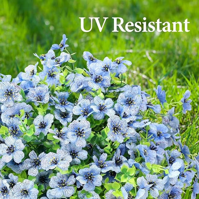 ATTGREAT Artificial Flowers Outdoor Faux Plants UV Resistant Fake Patio Flowers Plastic Greenery Plnats Outside Bulk for Spring Garden Hanging Planter Home Vase Decor, 24 Bundles (Blue)