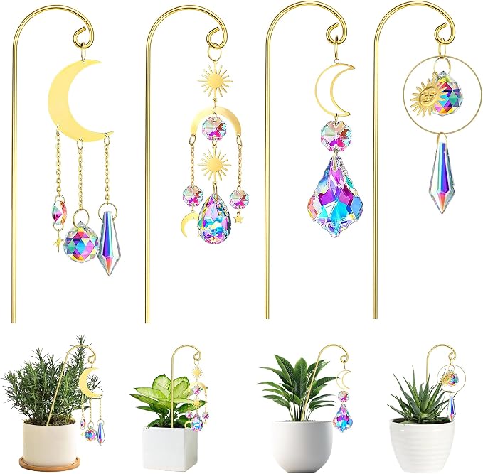 4Pcs Gold Plant Stake Suncatcher Small Trellis for Mini Potted Plants Golden Plant Stake Sun Catchers Decoration for Garden Home Window Plants Decorations
