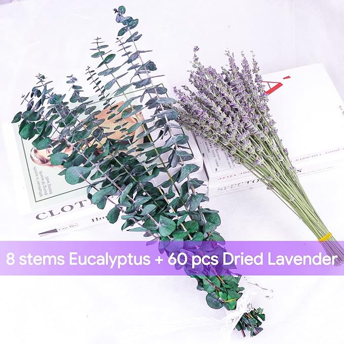 68 Pcs Dried Preserved Eucalyptus Stems & Lavender Flowers Bundles for Shower, 17'' Natural Real Live Eucalyptus Leaves Hanging Lavender Shower Plant, Fragrance, Decor