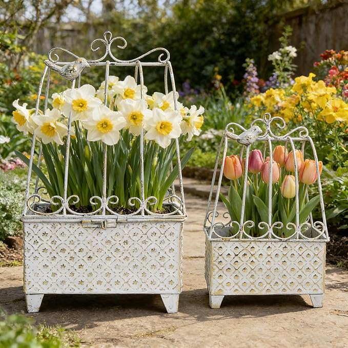 2-Piece Vintage Metal Birdcage Planter Set, Rustic Distressed Plant Holder, Farmhouse Floral Containers for Indoor Outdoor Garden, Patio & Tabletop Decor