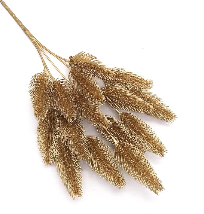 PASYOU Fake Plants, Artificial Flowers Decoration for Christmas Golden Pine Grass Plastic Faux DIY Crafts Indoor Outdoor Home Garden Party Room Bedroom Wedding Table Centerpiece Decor, Gold 4 Pack