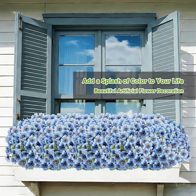 Artificial Flowers Fake Plants for Outdoors Spring Decoration, 13Bundles Silk Realistic UV Resistant Faux Flowers for Outside Planter Porch Yard Patio Garden Home Indoor, Blue
