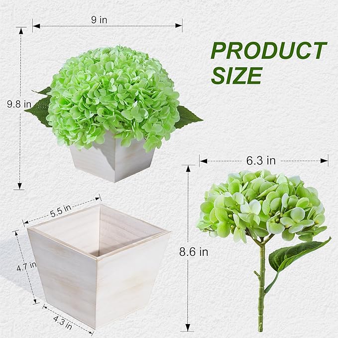 Artificial Hydrangea Flowers Arrangement in Wood Planter, 4PCS Fake Green Flowers in Wooden Vase Potted Floral Centerpieces for Tables Living Room Home Office Room Shelf Kitchen Decor