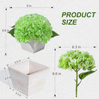 Artificial Hydrangea Flowers Arrangement in Wood Planter, 4PCS Fake Green Flowers in Wooden Vase Potted Floral Centerpieces for Tables Living Room Home Office Room Shelf Kitchen Decor