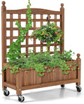 Giantex Mobile Plant Raised Bed, Wood Planter with Lattice Trellis and Wheels, Flower Box for Plant Climbing, Vertical Garden for Balcony Patio Yard (1, 25"x 11"x 32.5")