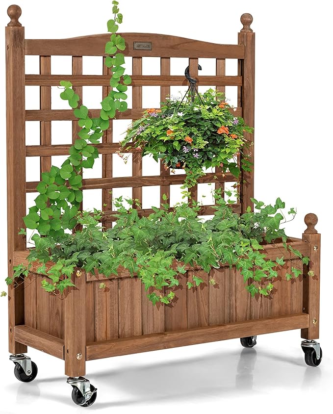 Giantex Mobile Plant Raised Bed, Wood Planter with Lattice Trellis and Wheels, Flower Box for Plant Climbing, Vertical Garden for Balcony Patio Yard (1, 25"x 11"x 32.5")