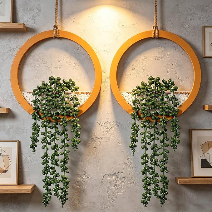 Boho Wall Decor, 2Pcs Fake Hanging Plants Artificial Succulents, Indoor Hanging Planter Greenery Decor, Perfect for Bathroom Living Room Bedroom Office Washroom, Faux Succulent Wall Floating Plants