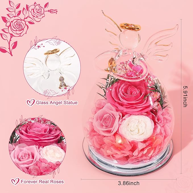 Gifts for Women Preserved Rose Forever Flower in Glass Angel Figurines Fresh Flowers for Delivery Prime Mothers Day Birthday Gifts for Mom Real Pink Roses for Grandma Sister Wife Her from Daughter