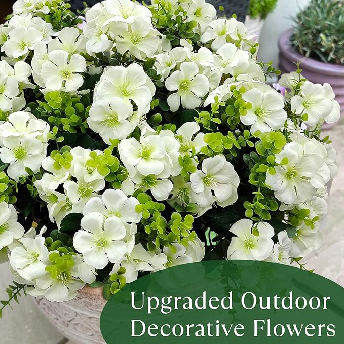 Artificial Geranium Flowers for Outdoor Decoration, 6 Bundles UV Resistant Silk Geranium Fake Plants Faux Flowers for Front Porch Garden Patio Window Box Outside Indoor Decor (White)