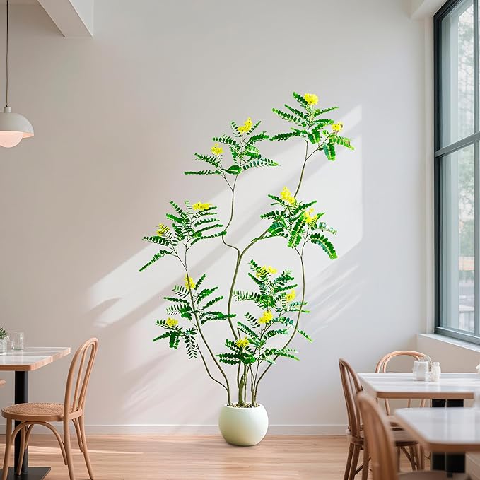 Artificial Mahonia Fortunei Tree - 6FT Artificial Plants Indoor, Fake Floor Plant with White Planter, Tall Sumac Faux Plants for Decor Indoor Home Sala Office Hotel Patio Studio (Yellow)