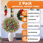 27.5" Artificial Flowers Boxwood Topiary Ball Tree Set of 2, UV Resistant Fake Bushes Shrubs with Ground Spike, Faux Evergreen Tree for Front Porch Outdoor Garden Decor