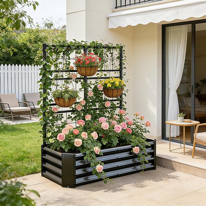 Galvanized Raised Garden Bed with Trellis for Climbing Plants Outdoor,Metal Vertical Garden Planter Box for Patio,Heavy Duty Elevated Garden Bed for Vegetables Tomatoes Cucumbers Flowers Herbs,Black