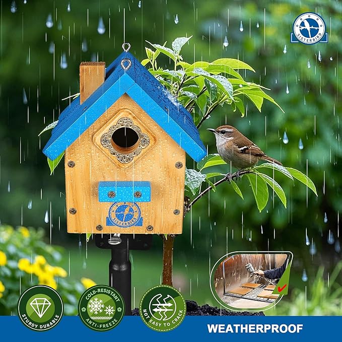 SISTERBIRD Wren Bird House for Outside, Premium Wooden Wren Bird Houses, Hanging Chickadee Bird House, Weatherproof Garden Decor Birdhouses for Outdoors, Blue Color Roof Bird Nesting Titmouse