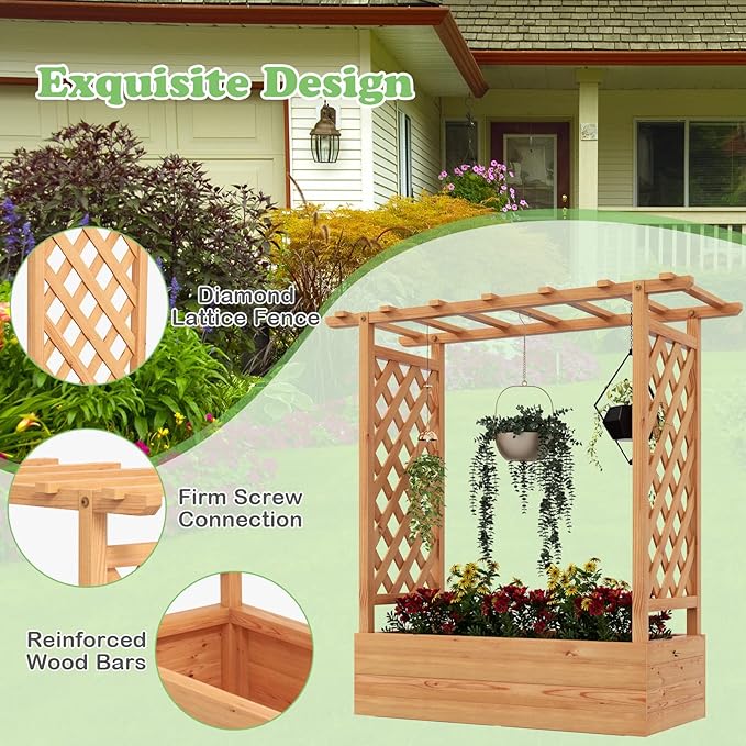 LDAILY Raised Garden Bed with Trellis, Above Ground Garden Bed with Hanging Roof, Side Trellis, & 4 Drainage Holes, Planter Box for Outdoor Climbing Plants Vines Flowers (2, 43.5"L x 17.5"W x 44.5"H)