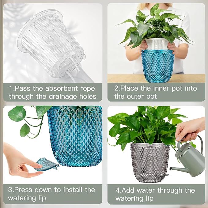 QCQHDU 2 Pack Self Watering Pots, 7.2 Inch Flower Pots with Drainage Holes and Water Filling Port, Garden Planter for Indoor Outdoor Plants (Emerald)