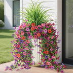Artificial Hanging Flowers with Wheat Grass for Outdoors, 5 Pcs Fake Hanging Plants for Spring Decor, UV Resistant Faux Silk Flower Greenry for Planter Porch Patio Yard Garden(Mixd Purple Red)