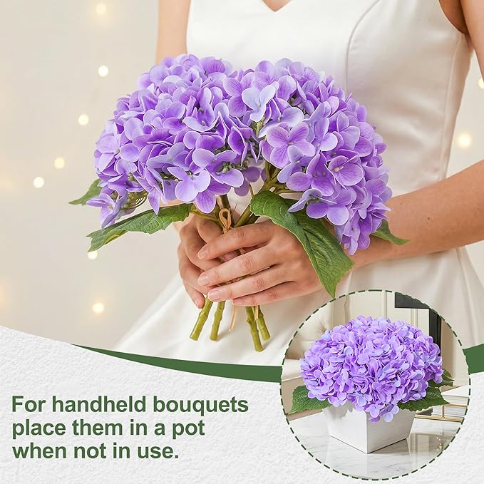 Artificial Hydrangea Flowers Arrangement in Wood Planter, 4PCS Fake Purple Flowers in Wooden Vase Potted Floral Centerpieces for Tables Living Room Home Office Room Shelf Kitchen Decor
