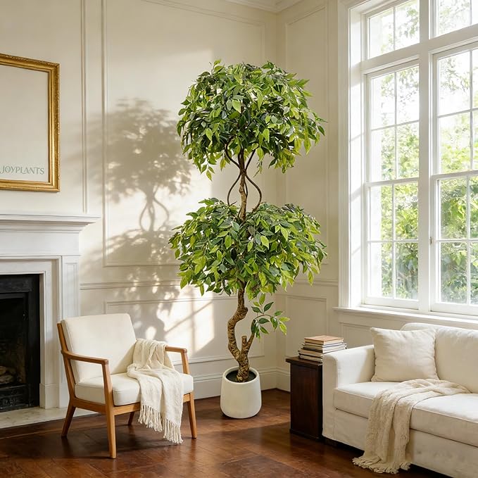 7FT Artificial Ficus Tree with White Planter, Lush Faux Ficus Tree with Adjustable Branches, Realistic Indoor Trees Artificial for Home Living Room Office Porch Garden Decor