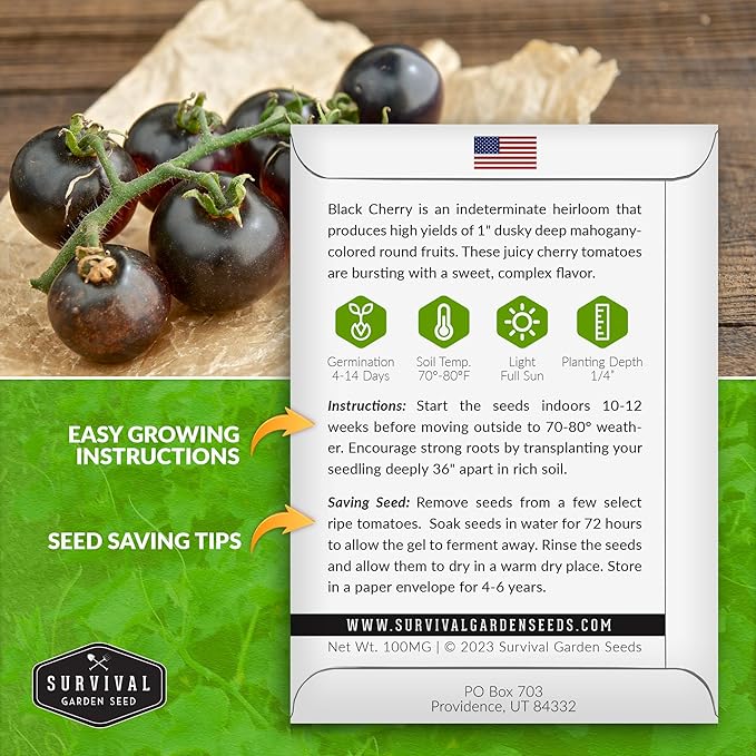 Black Cherry Tomato Seeds for Planting – Indeterminate Heirloom Non-GMO Variety – Grow High Yields of Deep Purple-Black Cherry Tomatoes with Sweet Rich Flavor – Survival Garden Seeds (5 Packs)