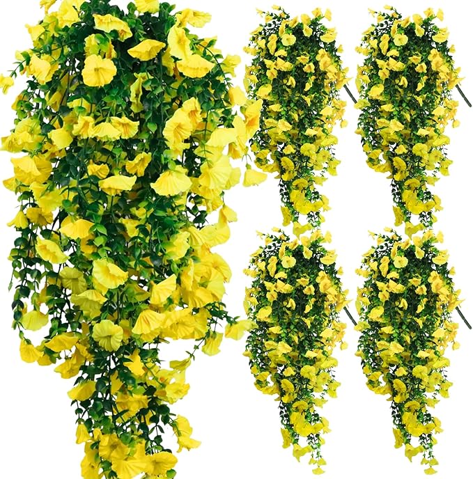 4-Pack Fake Hanging Plants, Faux Hanging Plant Artificial Greenery for Living Room Bedroom Boho Wall Shelf Indoor Outdoor Decor (Yellow Morning Glory)
