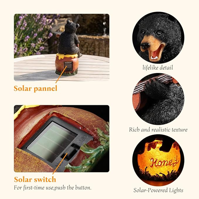 PETAFLOP Solar Garden Statues Bear Decor, Bear Figurines with Glowing Honey Jar for Patio Balcony Lawn Yard Decorations, Outdoor Birthday Housewarming Gifts for Women, Mom