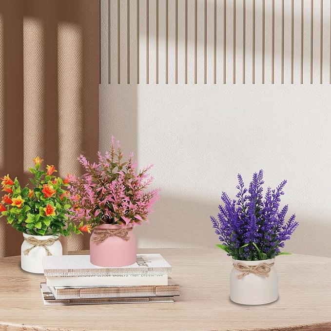 Yoratee 4pcs Artificial Pot Flowers Small Fake Plants with Pot Mini Potted Plants for House Office Tabletop Decoration