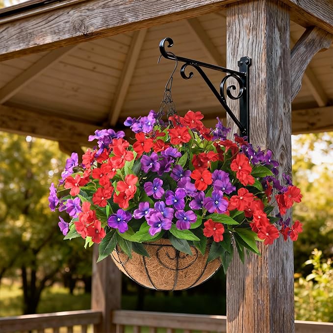 Artificial Impatiens Flowers for Outdoors, 6 Bundles Silk Fake Flowers for Spring Summer Decoration, UV Resistant Faux Plants Plastic Bouquet for Home Planter Porch Patio Yard Decor(Red Purple)