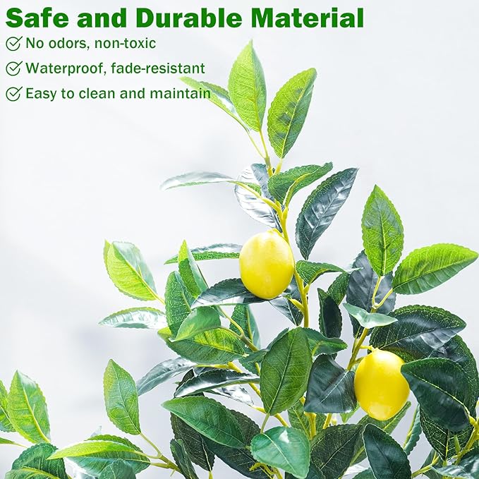 Caxchiling 24Inch Fake Lemon Tree, Lemon Decor for Tabletop, Desk, Centerpiece, Home, Kitchen, Living Room, Artificial Potted Plants with White Planter and Stone Cover