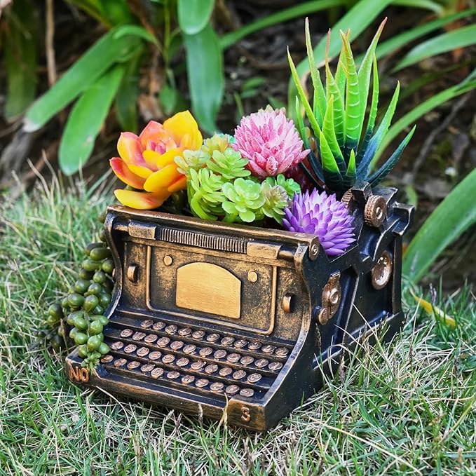 Typewriter Decorative Planter Plant Gift - Desk Decor Succulent Pot for Indoor Plants Typewriter Home Shelf Office Decor Small Flower Pot with Drainage