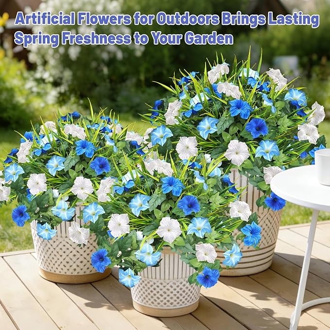 Artificial Flowers Plants for Outdoors, 6PCS UV Resistant Faux Flowers Outdoor Plants, Fake Petunias Silk Flowers for Garden Balcony Yard Porch Decor (White Blue)