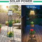 2 Pack Solar Floor Lamps Outdoor with 2-Tier Plant Stand, Metal Tall Planter Holder with Waterproof LED Lantern, Decorative Patio Light & Flower Pot Display Rack for Garden, Deck, Porch, Balcony