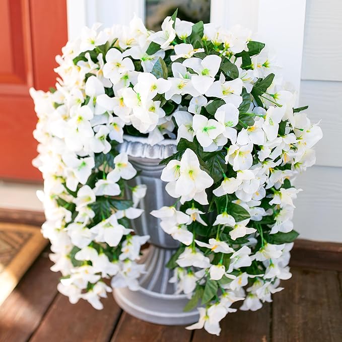 HyeFlora Bougainvillea Artificial Hanging Flowers Plants for Outdoors Decoration, 2pcs White Fake Flowers Silk Bougainvillea Vines Realistic UV Resistant Faux Flowers for Outdoor Planters Patio Yard