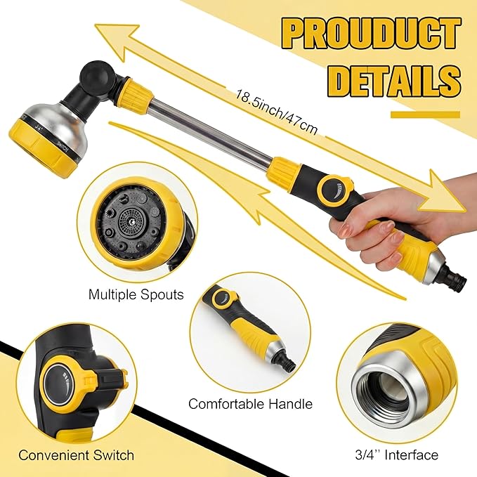 Bokon 2 Pack Garden Hose Watering Wand 18.5'' with 180° Rotating Head, 8 Adjustable Spray Patterns, Ergonomic Non-Slip Handle & Quick Connect - Watering Hanging Plants, Lawn, Garden & Car Washing
