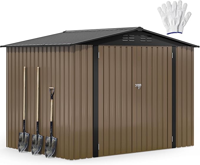 DWVO 7x5ft Metal Outdoor Storage Shed, Waterproof Tool Shed Heavy-Duty Storage Unit with Lockable Door and Vents, Ideal for Bicycles, Tools, Lawnmowers, Backyards, Patios, Lawns - Brown