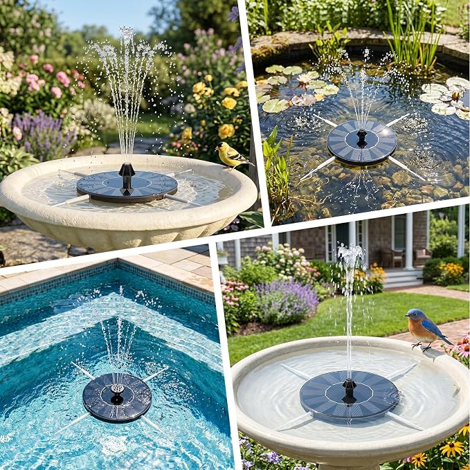 Mademax Solar Bird Bath Fountains, Upgrade 1.4W Solar Fountain Pump with 8 Nozzles & 4 Brackets, Free Standing Floating Solar Powered Water Fountain Pump for Bird Bath, Garden, Pond, Pool, Outdoor