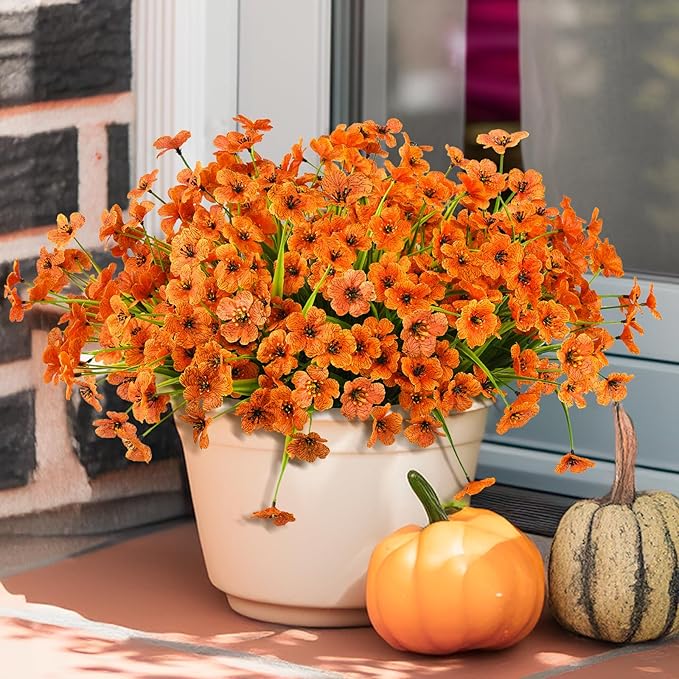 Artificial Fake Plants Flowers for Outdoor Outside Fall Decoration,24 Bundles Faux Silk Orange Daisy in Planter UV Resistant Look Real for Home Front Door Porch Patio Garden Balcony Autumn Decor