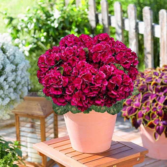 6 Bundles Artificial Geranium Flowers for Outdoors, Realistic Silk Geraniums Fake Flowers UV Resistant Faux Plants for Porch Front Door Planter Patio Balcony Outside Decor (Fuchsia)