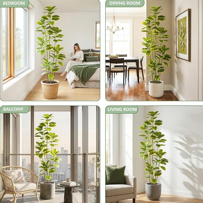 Ficus Tree Artificial Plants Indoor, 7FT Tall Fake Trees in White Pot, Large Potted Silk Floor Plant Artificial Trees, Green Lifelike Faux Ficus Tree for Home Room Office Porch Decor-Yellow