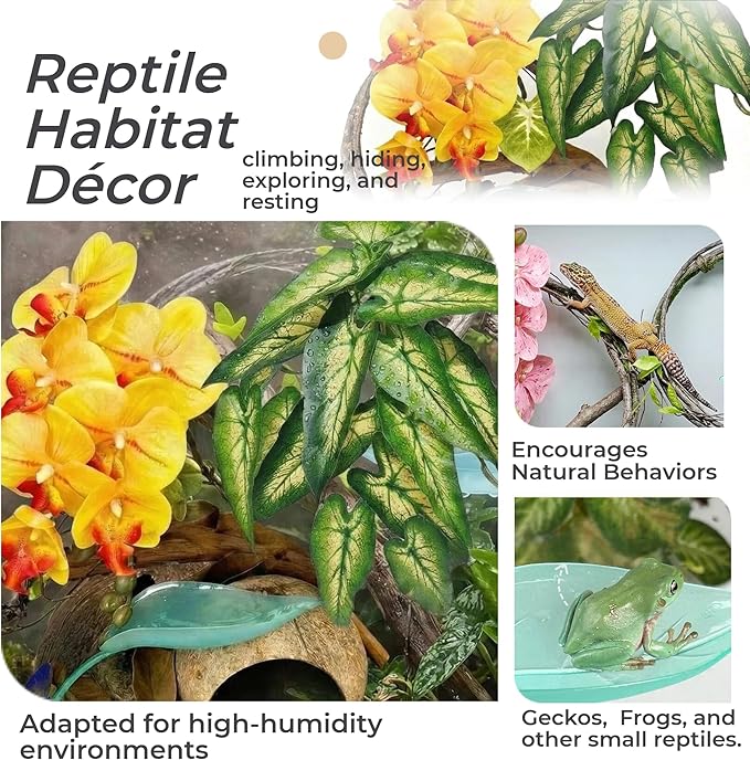 Crested Gecko Terrarium Decor Kit - 5PCS Rainforest Tank Accessories with Coconut Hide, Climbing Vines, Leaf Platform & Artificial Plants - Habitat Enrichment for Humidity & Hiding (Yellow)