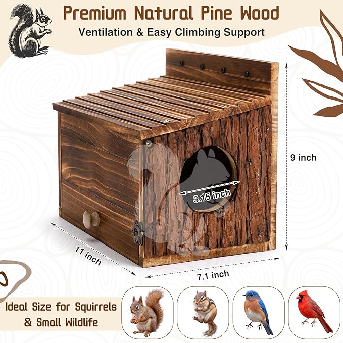Chumia Squirrel Nesting Carbonized Wooden Squirrel House Outdoor Weather Natural Style Ventilation Easy to Clean Breed Living Shelter for Bird Small Animal
